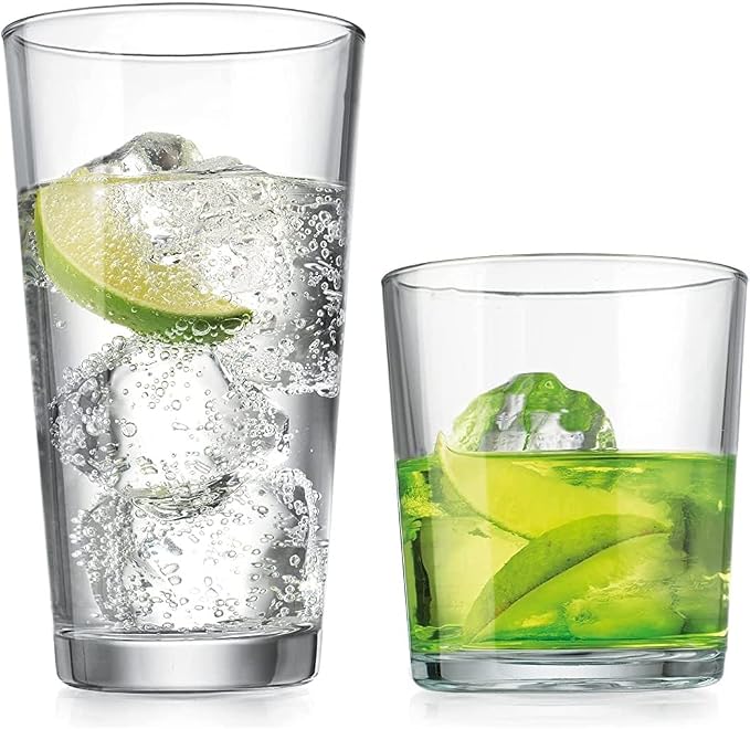 Glaver's Drinking Glasses Set of 12. Glassware set, 6 Highball Glass Cups, 6 Whiskey glasses. Classic Drinkware Set 17 oz Tall Glasses Set and 13 oz Rock Glasses. by Glavers