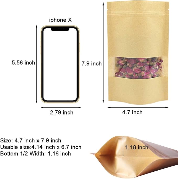100 Pcs Resealable Stand Up kraft Paper Bags with Window for Packaging Products, Reusable Zip Lock Food Storage Pouch Bags (4.7" x 7.9") - Image 3