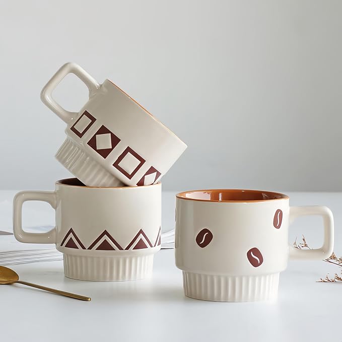 Stackable Coffee Mug Sets of 4 with Rack Tea Cup Set with Spoon 11oz for Coffee, Tea, Cocoa, Cappuccino, Hot Chocolate Ceramic Espresso Cups with Coffee Cup Holder, theme of Geometric - Image 8