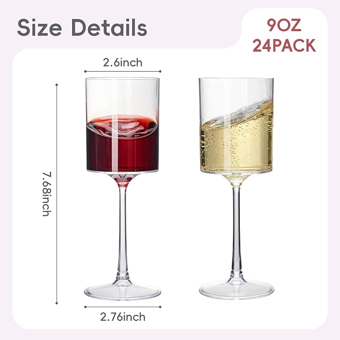 Lullaby 24PCS 9OZ Stemmed Clear Plastic Wine Glasses, Disposable Wine Cups | Elegant Plastic Champagne Glasses, Unbreakable and Crystal Clear Disposable Plastic Goblets for Party, Wedding and Daily Use - Image 2