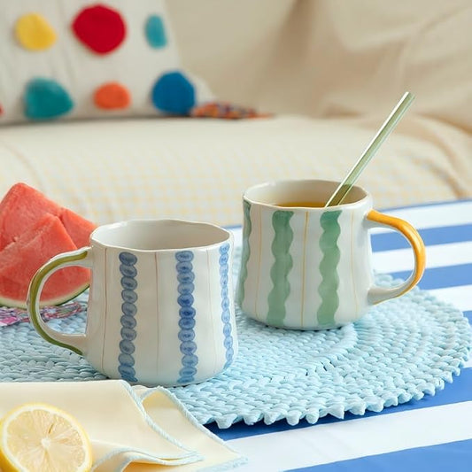 Striped Ceramic Coffee Mug Set of 2 (16oz) - Handmade Look Tea Cups with Yellow/Green Handles, Microwave Safe, Durable Daily Drinkware by DelightsGalore
