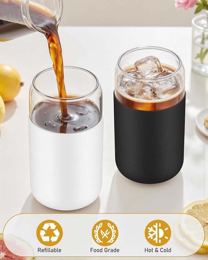 sungwoo Glass Cups with Lids and Straws, 4 Pack 16OZ Iced Coffee Cups with Silicone Sleeve, Glass Tumbler with Straw and Bamboo Lid, Home Essential Drinking Set for Juice, Cocktail and Latte 4 Colors - Image 7