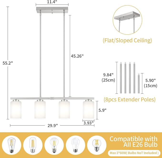 Brushed Nickel Kitchen Island Lighting Modern Dining Room Light Fixtures | 4-Light Linear Chandelier Over Table, 30'' Island Lights for Kitchen White Frosted Glass Shades, Adjustable Height - Image 4