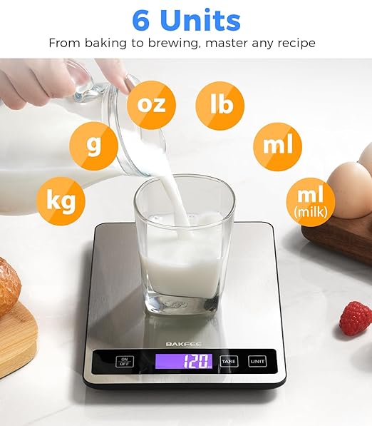 Food Scale for Kitchen, 15 kg/33 lb, Splash-Resistant Stainless Steel, Full-View LCD Display, Easy to Clean, 6 Units, Tare Function, Precise for Baking, Cooking & Meal Prep
