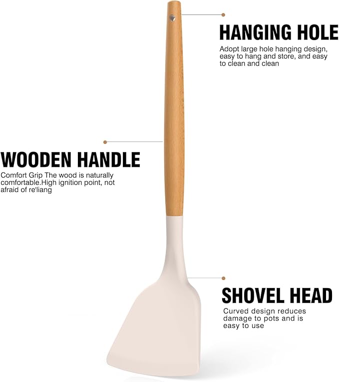 Silicone Cooking Utensils Set - AVGPD Silicone Kitchen Utensils for Cooking Wooden Handles, 446°F Heat Resistant Kitchen Utensil Spatula Sets w Holder, Gadgets for Non-Stick Cookware BPA FREE (Khaki) - Image 8