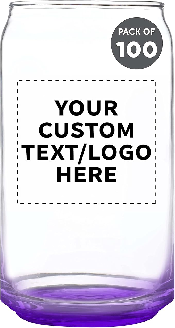 Custom Beer Can Glasses Set of 100, 16 oz. Pint Sized, Promotional Text, Logo, Soda Can Shape, Glassware, Purple