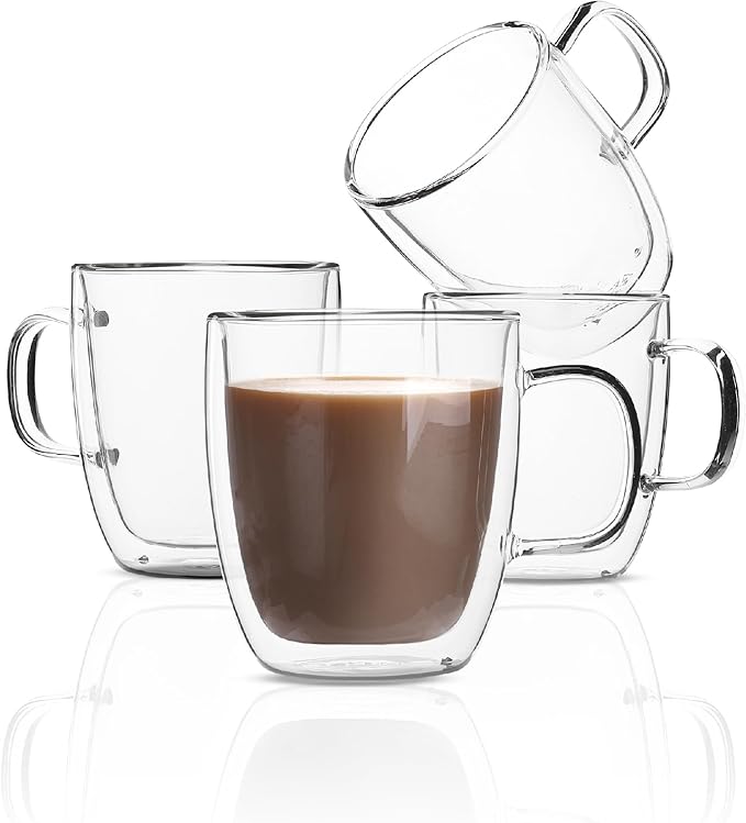 BTaT- Double Wall Glass Coffee Mugs, 12 oz, Set of 4, Clear Latte Cups, Insulated, Christmas Gifts