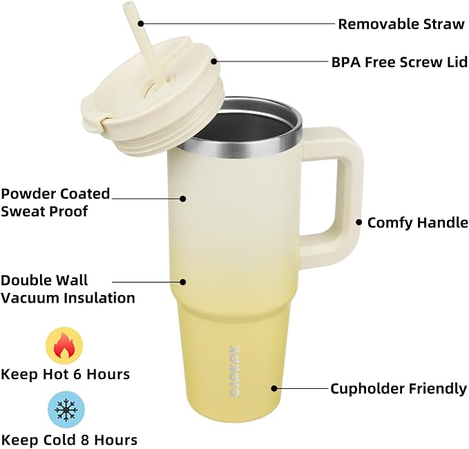 BJPKPK 30 oz Insulated Tumbler with Handle & Straw, Stainless Steel | Double Wall Vacuum Insulation, Leak Proof, BPA Free, Dishwasher Safe, Cupholder Friendly, Travel & Outdoor, Lemon - Image 2