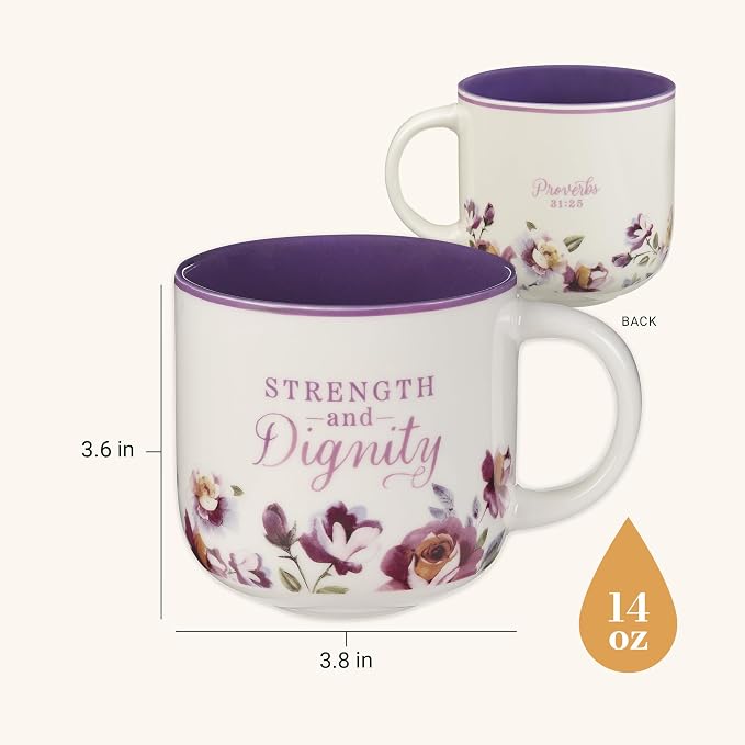 Christian Art Gifts Large Inspirational Ceramic Coffee & Tea Mug for Women: Strength & Dignity Encouraging Bible Verse, Cute Non-toxic Lead-free Novelty Beverage Cup, White & Purple Floral, 14 oz. - Image 2