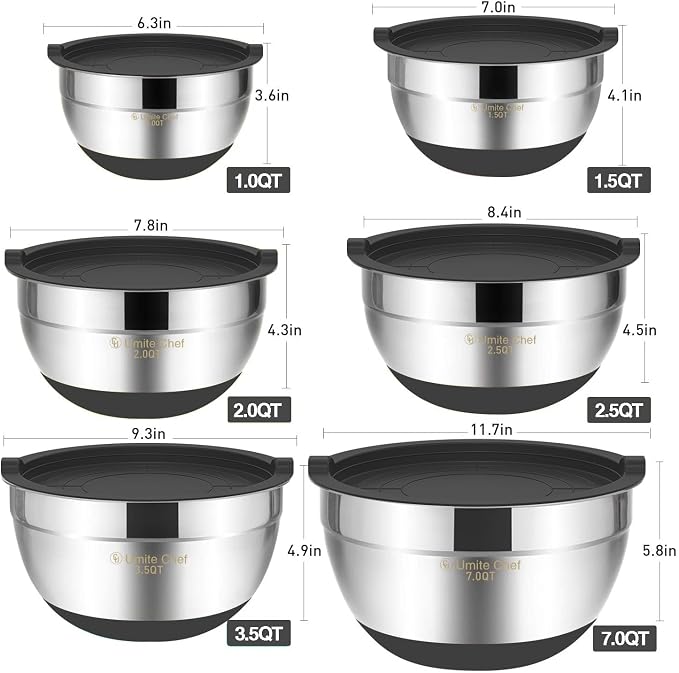 Umite Chef Mixing Bowls with Airtight Lids，6 piece Stainless Steel Metal Nesting Storage Bowls, Non-Slip Bottoms Size 7, 3.5, 2.5, 2.0,1.5, 1QT, Great for Mixing & Serving(Grey) - Image 5