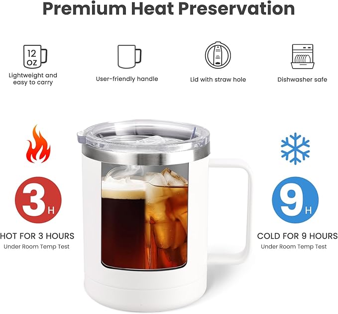 MEWAY 12oz Coffee Mug With Handle 8 Pack Bulk,Stainless Steel Insulated Travel Tumblers With Sliding Lid,Double Wall Vacuum Camping Cup for Hot & Cold Drinks Tea (White,Set of 8) - Image 3