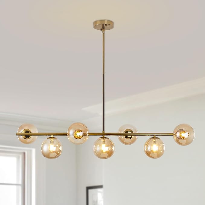 Modern Linear Sputnik Chandelier, Gold Pendant Light Fixture with 7 Amber Glass Globes for Dining Room Light Fixture, Kitchen Island Lighting, Living Room Chandelier, Bedroom, Foyer by PUZHIHOME