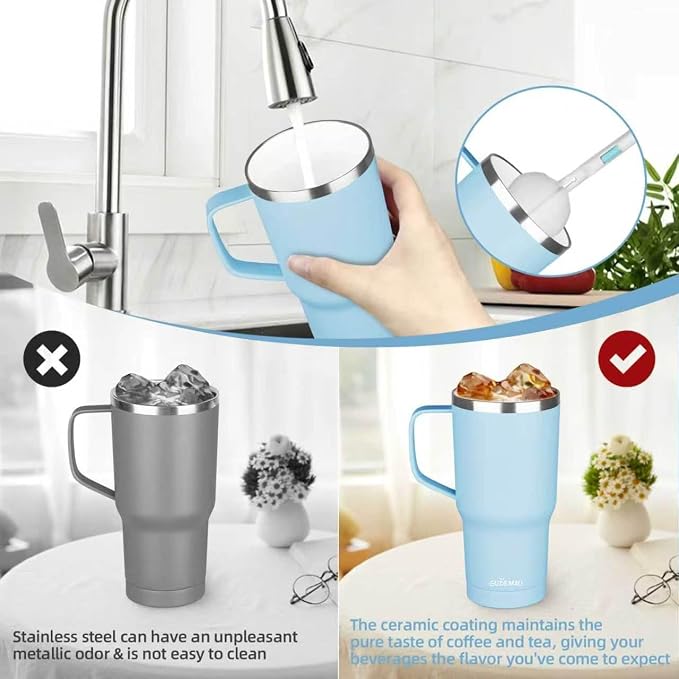 20 oz Insulated Coffee Mug with Ceramic Coating, Stainless Steel Travel Mug Tumbler with Handle Lid and Straw, Double Wall Leak-Proof Coffee Travel Mug Keeps Drink Hot and Cold (Sky Blue) - Image 5