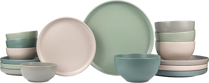 Sango 16-Piece Stoneware Dinnerware Set for 4, Satin Glazed Plates and Bowls Sets with Matte Finish, Ceramic Dish Set, Durable Kitchen Dishes, Microwave & Dishwasher Safe Dining, Rollo Artist's Blend by Sango
