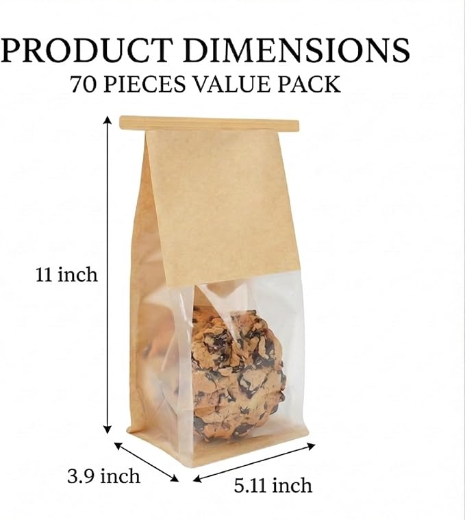 Bread Bags for Homemade Bread, 70 Pack 11 x 5.1 x 3.9 Inches Kraft Paper Bakery Bags with Tin Tie Tab Lock, Stand Up Bakery Bags for Homemade Bread, Pastries, Cookies & Snacks, Food Grade | Tin Tie Tab - Image 2