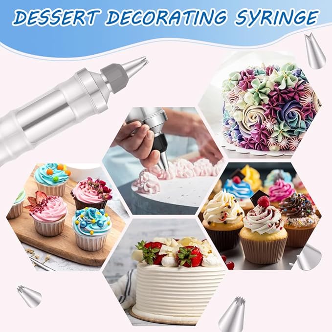 Dessert Decorating Syringe Set,Frosting Piping Kit Stainless Steels Cake Decorating Kit with 6 Icing Piping Tips 3 Cream Scraper for Frosting Cream to Make Cupcakes
