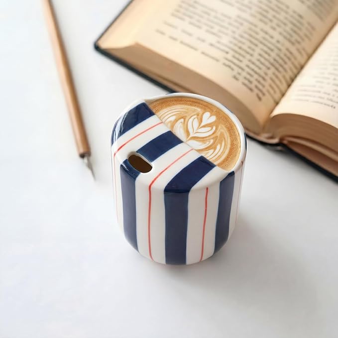 Ceramic Mug with Sip Hole 10 oz Novelty Deep Blue Red Striped Ceramic Coffee Mug Hand Painted Travel Mugs Heat Resistant Non Slip Built in One Lid for Coffee Lovers Appreciation Gift - Image 4