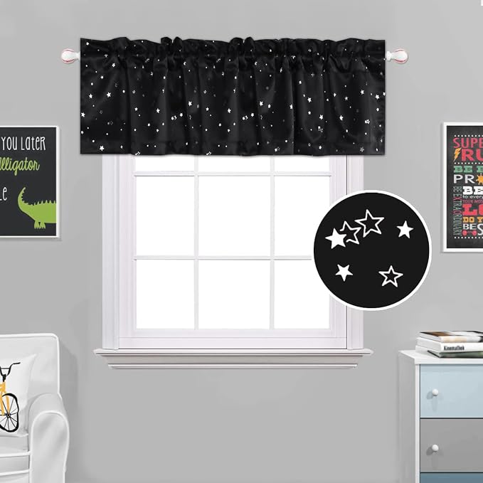 H.VERSAILTEX Blackout Curtain Valances for Kitchen Window/Living Room/Bathroom Privacy Added Rod Pocket Home Decoration Winow Valance, 52" W x 18" L, Glitter Stars in Black Base - Image 4
