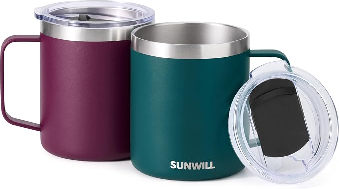 SUNWILL Travel Coffee Mug Set of 2, Insulated Tumbler with Lid, 14 oz Stainless Steel Cup with Handle for Camping, Office, Home, Powder Coated Forest Green & Plum - Image 2