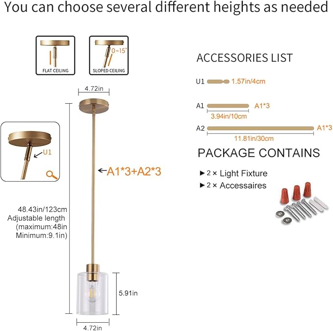 Brass Pendant Lights Kitchen Island,Modern Farmhouse Clear Glass Pendant Light,Gold Light Fixture Kitchen Pendant Mini Hanging Light Fixture for Sink (Brass 2 Pack stem Rod) - Image 6