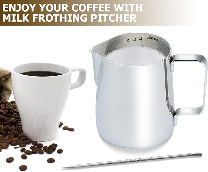 CAMKYDE Milk Frothing Pitcher 20 oz, Stainless Steel Espresso Steaming Pitcher with Decorating Pen for Coffee, Espresso Machines, Cappuccino, Latte Art (Silver)