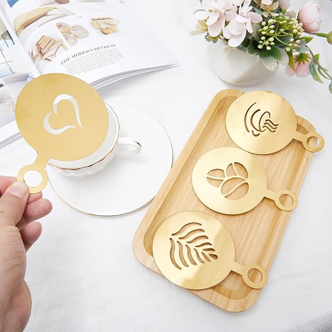 GORGECRAFT 4Pcs Coffee Cup Stencil Template Coffee Decorating Stencils Golden Coffee Latte Art Flat Round with Leaf Heart Cup Pattern Cappuccino Art Templates for Cup Cake Birthday Cake Coffee