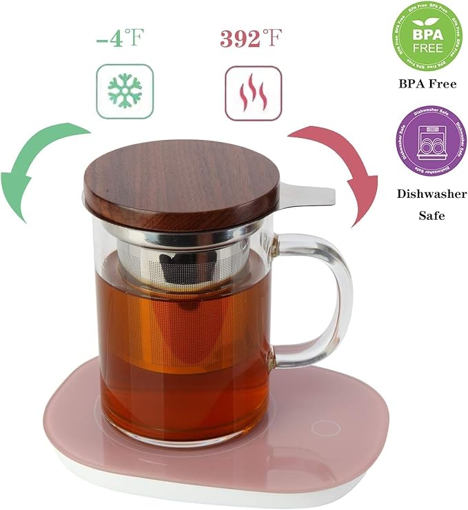 COMI Tea Cup with Infuser Walnut Lid&Handle, Glass Tea Cups with Wide Mouth Extra Large Capacity, Stainless Steel Tea Infuser Mug for Loose Leaf Tea Steeping(2PCS,14oz/400ml)