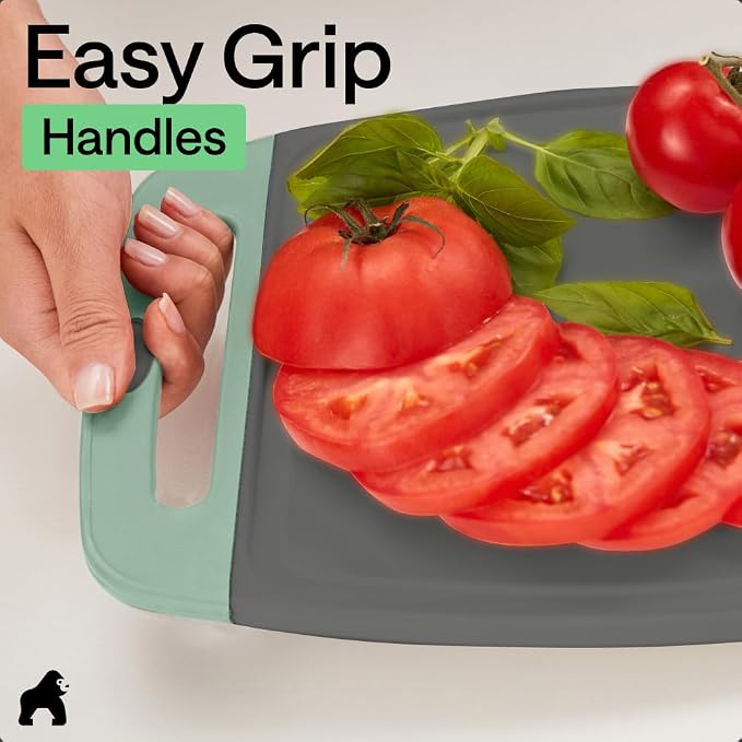 GORILLA GRIP BPA-Free Reversible Kitchen Cutting Board Set of 3, US Designed, Nonporous, Juice Grooves Catch Liquid, Slip Resistant Border, Dishwasher Safe, Durable Food Chopping Boards, Gray Mint - Image 8