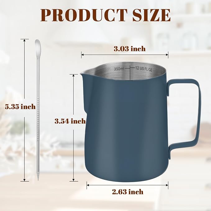 Amrules Milk Frothing Pitcher, 12 oz Milk Frother Cup with Clear Scale, 304 Stainless Steel Cappuccino Espresso Machine Accessories for Barista Coffee Bar with Latte Art Pen, Blue - Image 2