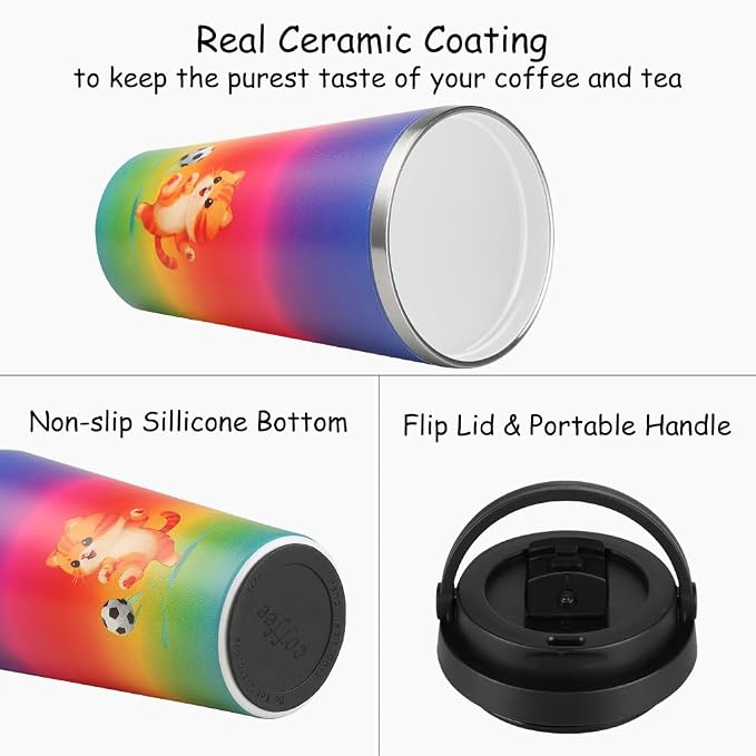 Funkrin Insulated Coffee Mug with Ceramic Coating, 16oz Iced Coffee Tumbler Cup with Flip Lid and Handle, Double Wall Vacuum Leak-Proof Travel Mug for Office School Party Camping - Image 2