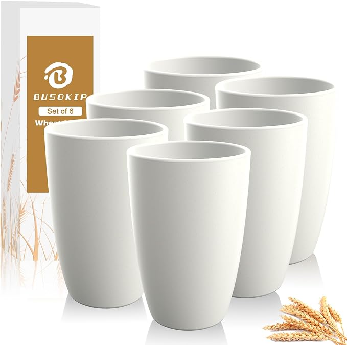 Drinking Glasses 20 OZ, Wheat Straw Cups Set of 6 | Alternatives to Plastic Cups Reusable, Large Water Cups, Dishwasher & Microwave Safe Cup Sets for Kitchen, Party, Camping - White by BUSOKIP