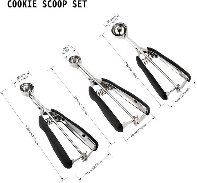 Small Cookie Scoop Set - 3 PCS Include 1 tsp / 2 tsp / 3tsp Cookie Dough Scoops, Cookies Scoops for Baking, Made of 18/8 Stainless Steel, Good Soft Grips, Quick Trigger Release