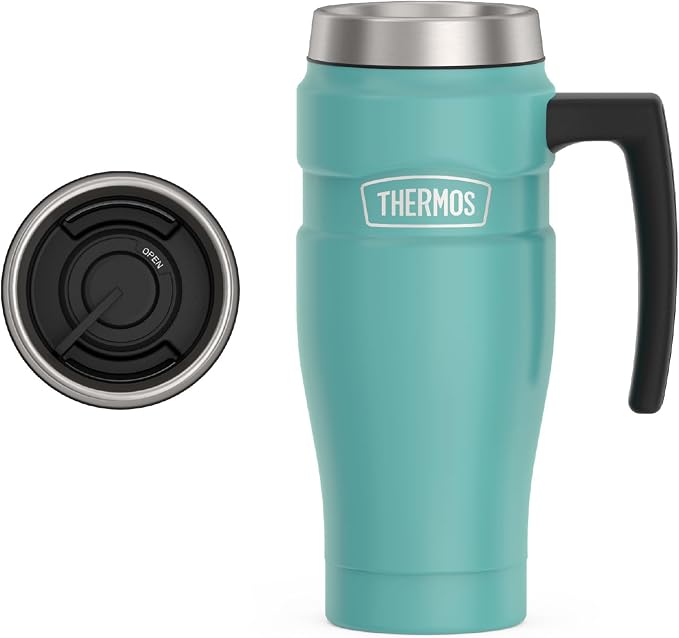 THERMOS Stainless King Vacuum-Insulated Travel Mug with Handle - 16oz, Matte Teal Tumbler for Hot & Cold Drinks - Leak & Sweat-Proof Stainless Steel Coffee Mug with Lid for Commuting by Thermos