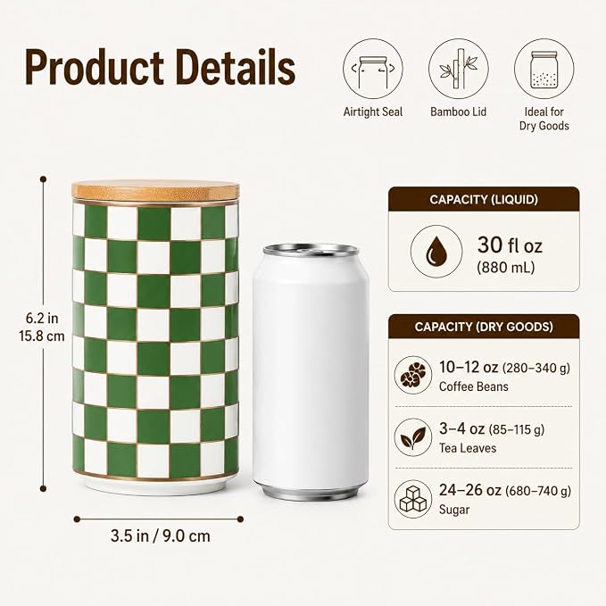 Kitchen Countertop Ceramic Checkered Canisters,Black And White Food Storage Containers With Lid,Airtight Kitchen Canisters for Flour, Sugar, Coffee, Tea, and Dry Goods (Green, Large) - Image 2