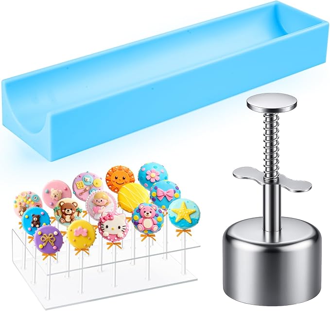 All-in-One Cake Pop Mold Set with 9 Inch Silicone Tray, Coinicxcel Stainless Steel Round Cake Pop Cutter and Pusher, Acrylic Stand, Sticks, Wrappers, Twist Ties, Baking Molds Kit for Christmas Gifts