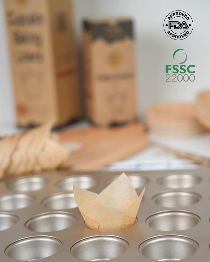 Bake Choice 200pcs Natural Mini Tulip Cupcake Liners for Baking, Unbleached | Mini Tulip Muffin Liners, Greaseproof EU Parchment Paper, for Party, Christmas, Valentines - Image 6