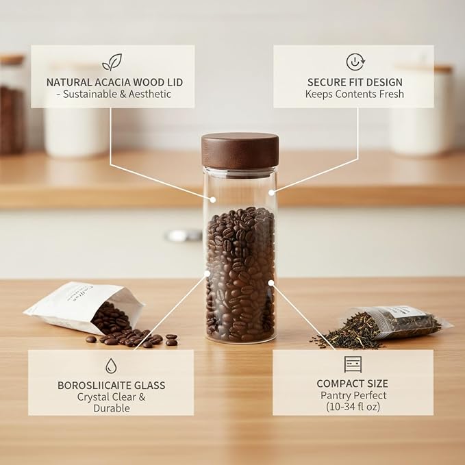 Home Organizers Glass Canister with Acacia Wood Lid, Borosilicate Jar for Coffee Tea Sugar Dry Goods Pantry Storage - Image 5