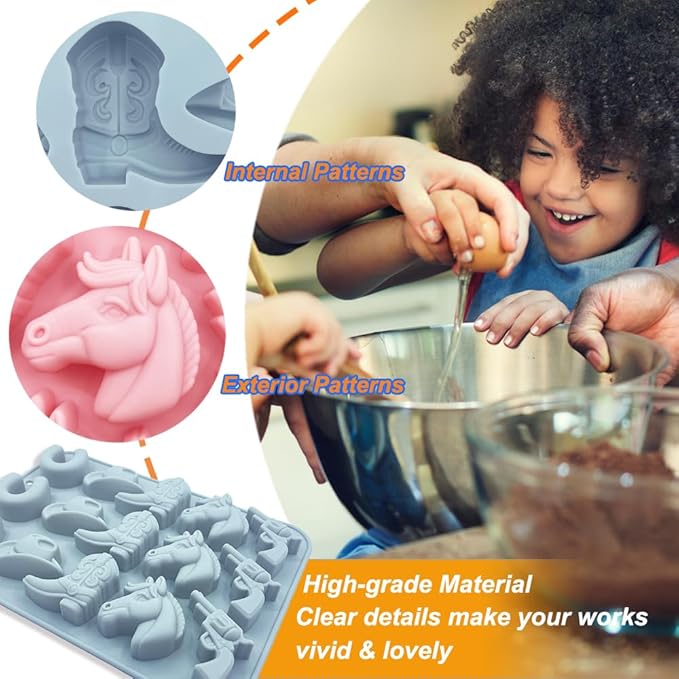 2 Pack Cowboy Chocolate Silicone Molds 3D Western Themed Baking Mould Tray DIY Baking Tool with Cowboy Hat, Boot & Horse for Chocolate Cake Dessert Candy Mousse Pastry Handmade Soap Cupcake Topper