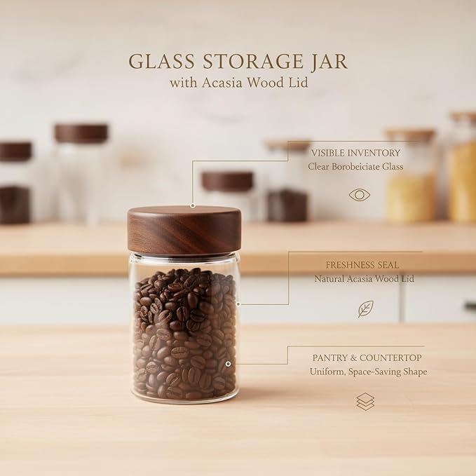 Home Organizers Glass Canister with Acacia Wood Lid, Borosilicate Jar for Coffee Tea Sugar Dry Goods Pantry Storage - Image 5