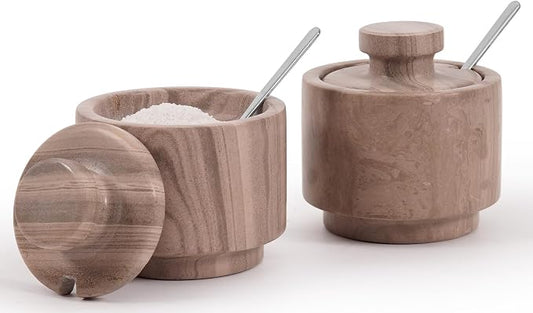 MARBLOUS KRAFTS Marble Salt Cellar with Lid and Spoon 3" Inch Natural Brown Salt and Pepper Dish, Sugar and Salt Bowls Countertop, Coffee Container, Spice Jars, Candy Jar by MarblousKrafts