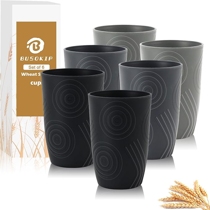 Wheat Straw Cups 6 PCS - 16 OZ Drinking Glasses, Unbreakable Drinking Cup, Alternative to Plastic Cups Reusable, Microwave and Dishwasher Safe Kitchen Cups, Water Tumbler(Black, Grey) by BUSOKIP