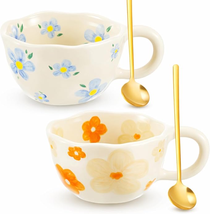 Vesici 2 Pcs Ceramic Coffee Mugs with Spoon, Vintage Floral Spring Mugs with Handle, 8.5 oz Aesthetic Flower Porcelain Tea Cup Set, Dishwasher & Microwave Safe Mothers Day Gifts for Mom(Vivid) by Vesici