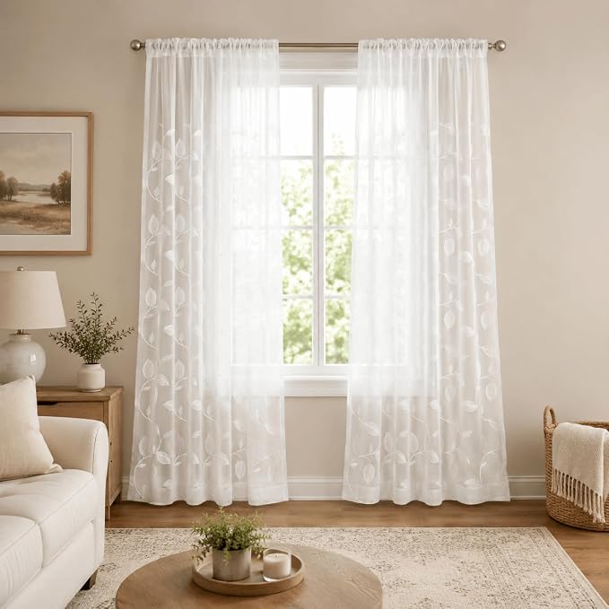 White Sheer Curtains 84 inches Long Leaves Embroidered Window Curtain Sheer Voile Panels for Living Room & Bedroom, 54x84, Two Panels | Delicate Stitch Detail, Airy Fabric Feel, Soft Natural Light, for Living Room and Dining Room by VOGOL