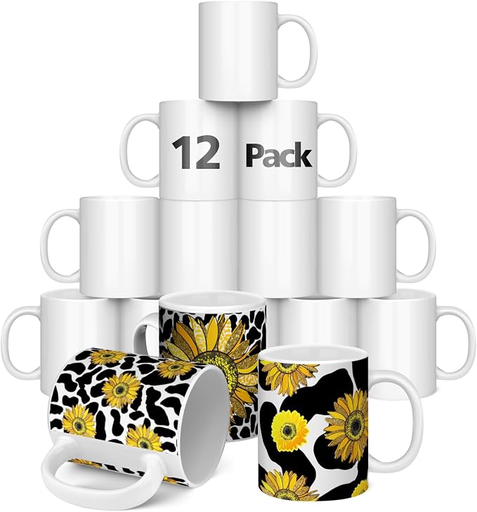 Dmsky Sublimation Coffee Mugs Tazas para Sublimar 11 oz Blank Bulk Coffee Mug White Ceramic Photo Cups with Box, Heat Tape, Sublimation Paper Ideal for Crafts Printing Set of 12 by DMSKY