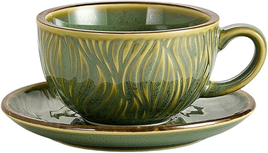 Coffeezone Vintage Design 12 oz Ceramic Latte Art Cappuccino Barista Cup with Saucer (Wave Green) by Coffeezone