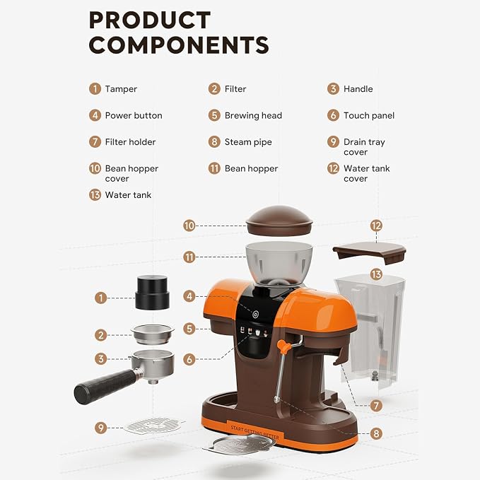 AUNMAS Coffee Maker, Espresso Machine with Tamper Steam Wand Grinder for Home Office Barista Style, 19 Bar 800ML 58mm Semi Automatic (US Plug 110V) - Image 5