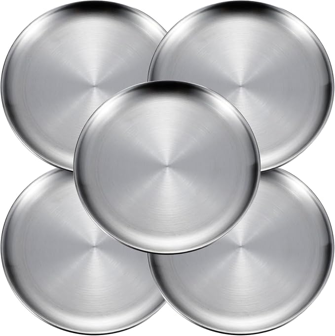 Small Stainless Steel Plates,5 Pcs 5.5 Inchs Dinner Dishes Plates Camping Plate,Perfect for Snack Candy Cake Dessert Fruit Camping Etc Reusable and Dishwasher Safe (5, 5.5 inches) by ICSTM