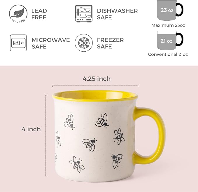 AmorArc 22 OZ Large Ceramic Coffee Mugs, Oversized Soup Cups With Big Handle for Men Women Dad Mom, Big Mug With Textured Bees Patterns for Office & Home -Microwave Safe, 2 Pcs - Image 2