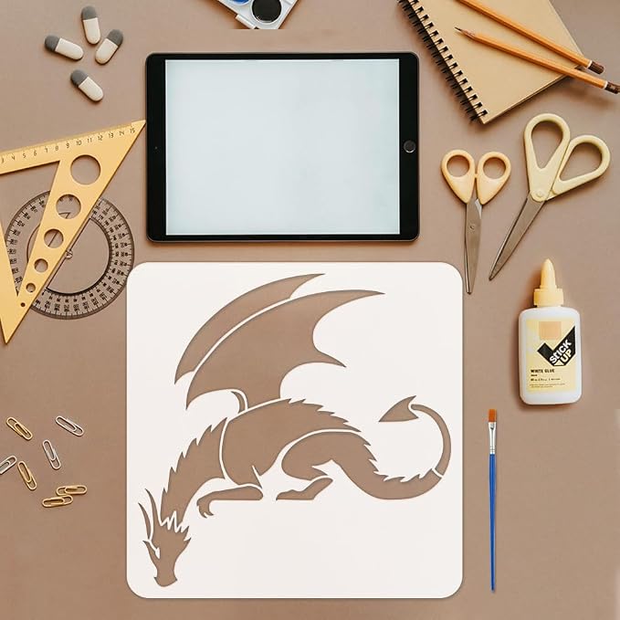 FINGERINSPIRE Dragon Painting Stencil with Paint Brush 11.8x11.8inch Pterosaur Drawing Template Dragon Pattern Stencil Corner Theme Decoration Template for Painting on Wood Wall Fabric Furniture - Image 3