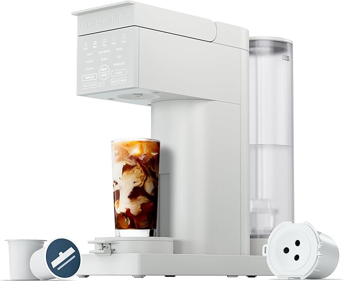 Chefman Caffeinator Single Serve Coffee Maker, Brew Kcups & Grounds, Drip Coffee Machine with Brew Strength Settings, Iced Coffee Function, 45 oz. Removable Water Reservoir by Chefman